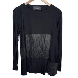 Ozai N Ku Black Lagenlook Long Sleeve Faux Leather Tunic Top Size Small